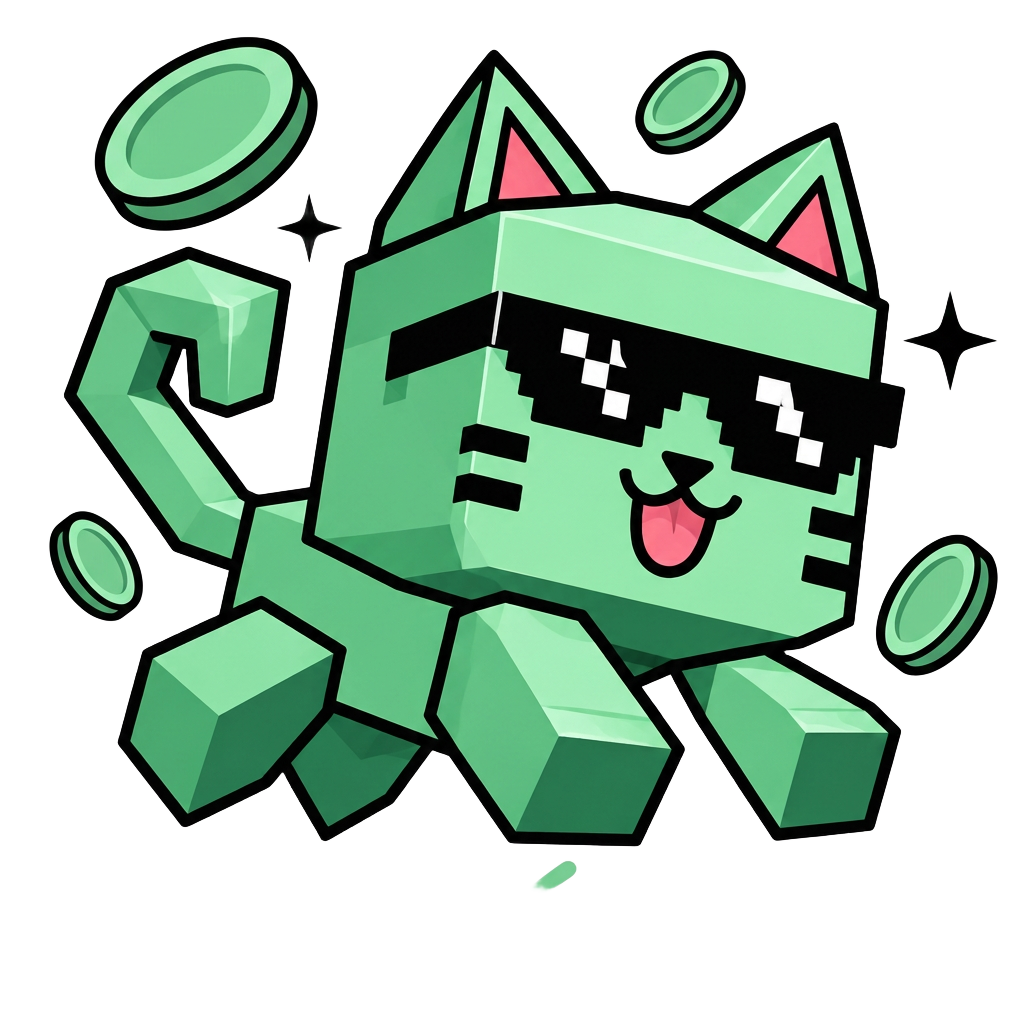 Copycats mascot, a blocky mint cat in pixel sunglasses, leaping between coins